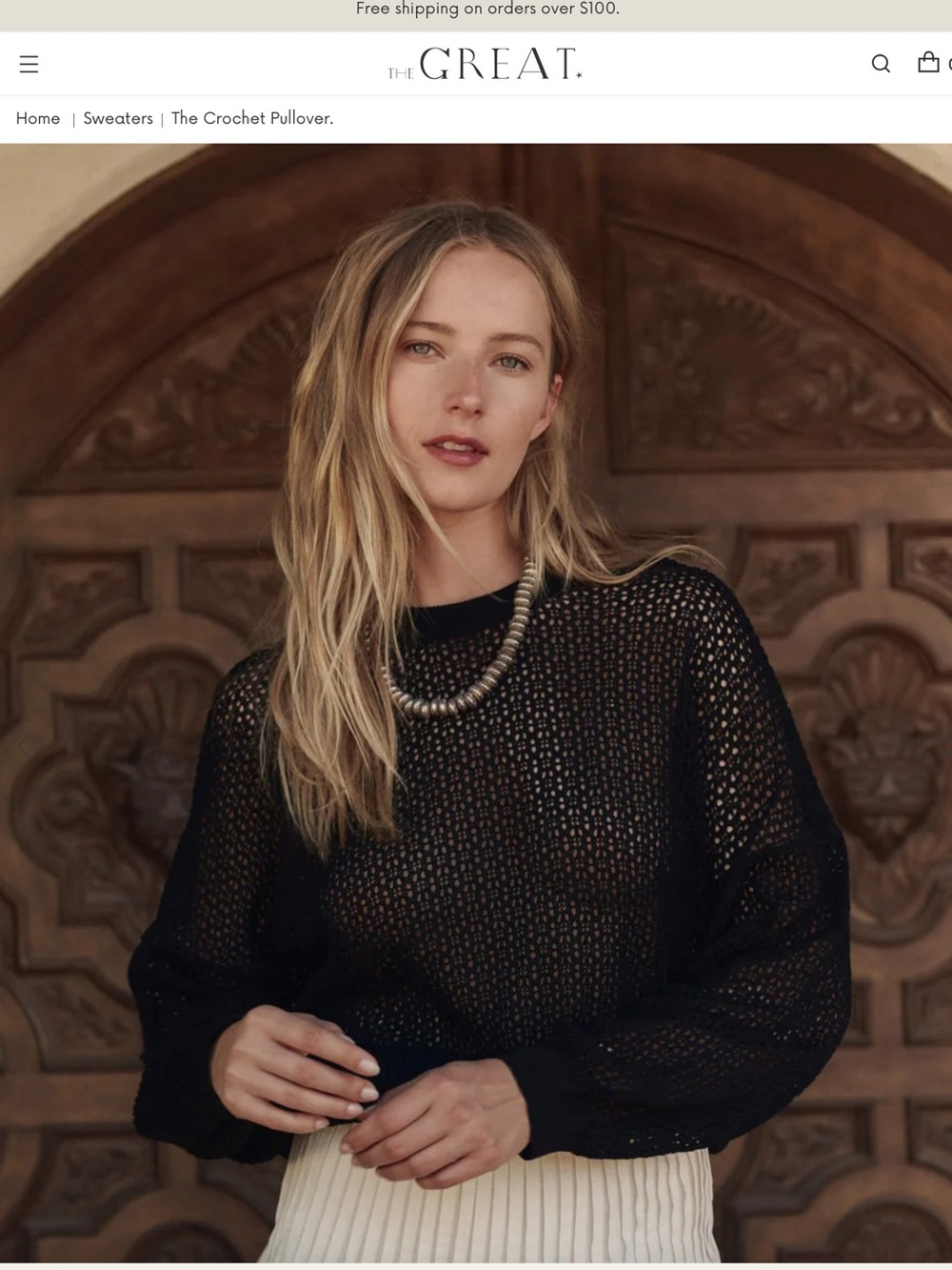 THE GREAT. Black The Crochet Pullover with open knit size XS
